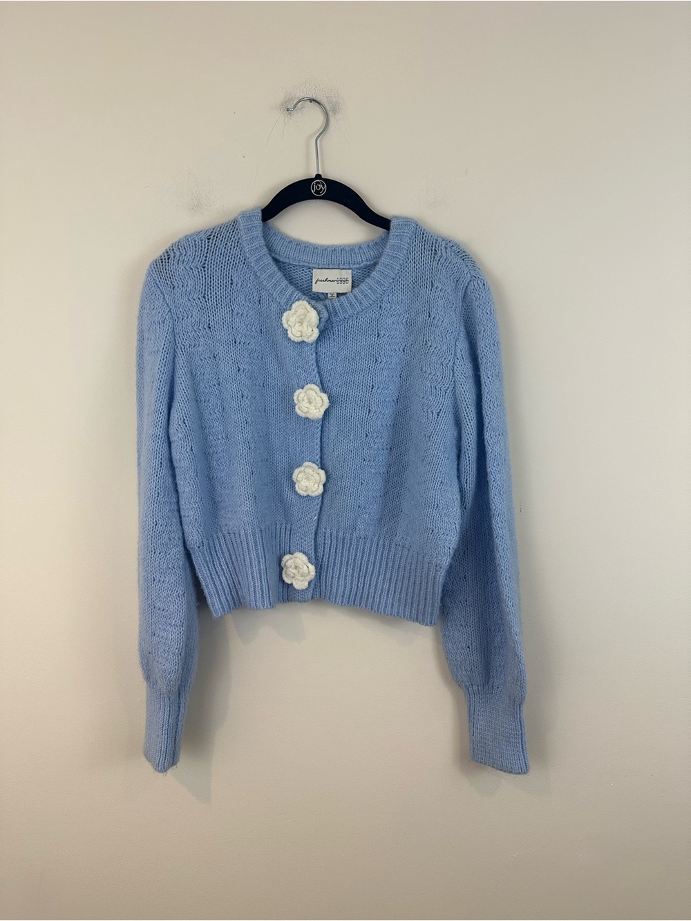 Freshman 1996 Light Blue Cropped Knit Sweater with Flower Buttons Size Medium